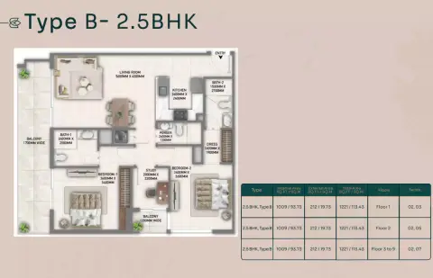 Plattegrond van 2 slaapkamers in Blossom 40