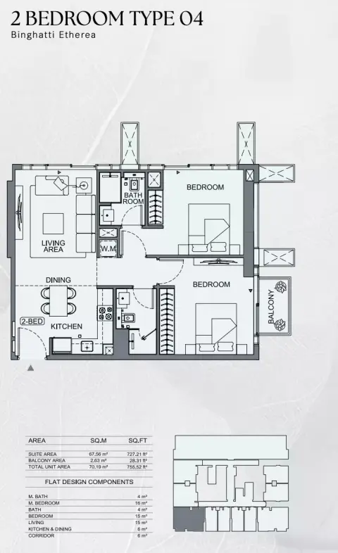 Plattegrond van 2 slaapkamers in Binghatti Etherea