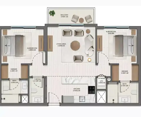 Plattegrond van 2 slaapkamers in Evelyn on the Park