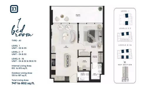 Plattegrond van 1 slaapkamer in SquareX One