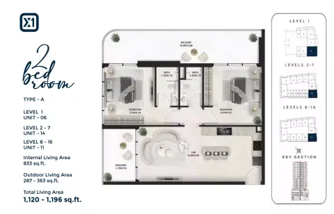 Plattegrond van 2 slaapkamers in SquareX One