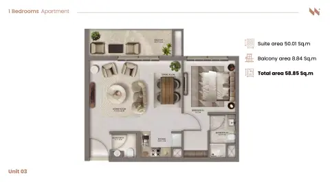 Plattegrond van 1 slaapkamer in Serra Residence