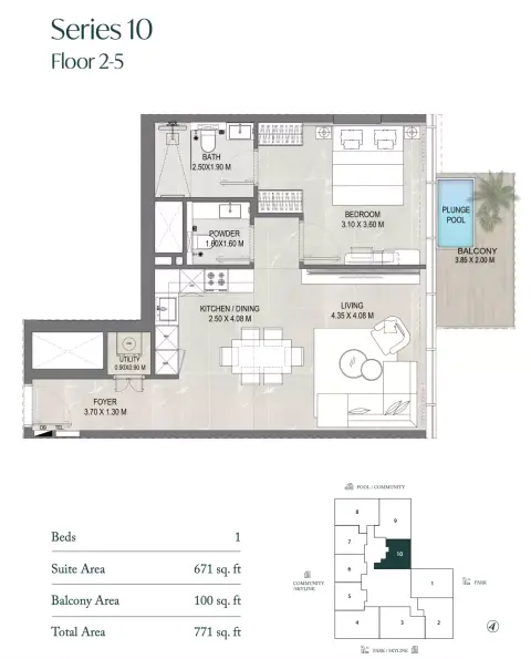Plattegrond van 1 slaapkamer in Allegro Park