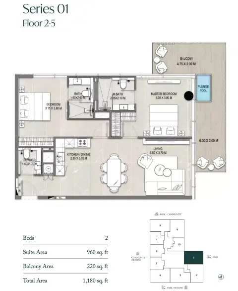 Plattegrond van 2 slaapkamers in Allegro Park