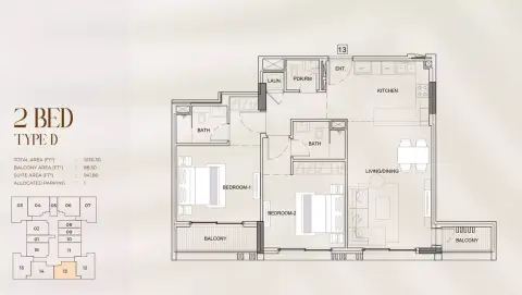 Plattegrond van 2 slaapkamers in Myra Residences