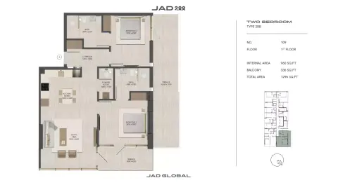 Plattegrond van 2 slaapkamers in JAD288