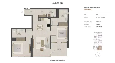 Plattegrond van 2 slaapkamers in JAD288