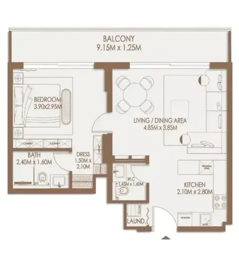 Plattegrond van 1 slaapkamer in Veona