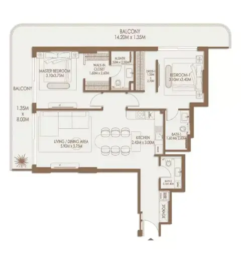 Plattegrond van 2 slaapkamers in Veona