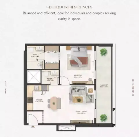 Plattegrond van 1 slaapkamer in Solen Residence