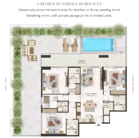 Plattegrond van 3 slaapkamers in Solen Residence