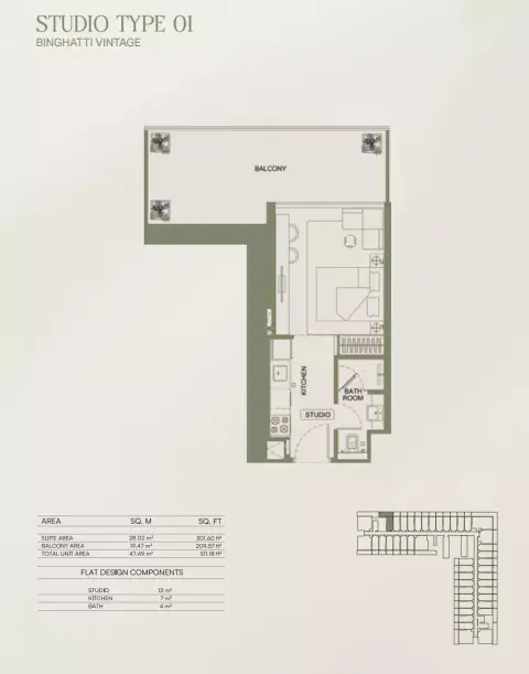Plattegrond van Studio in Binghatti Vintage