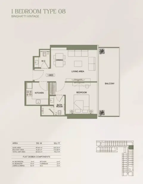 Plattegrond van 1 slaapkamer in Binghatti Vintage