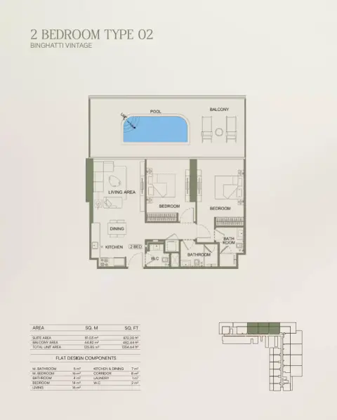 Plattegrond van 2 slaapkamers in Binghatti Vintage