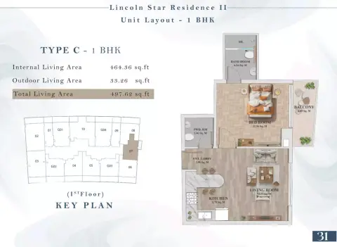Plattegrond van 1 slaapkamer in Lincoln Star Residence 2