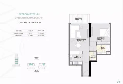 Plattegrond van 1 slaapkamer in Ayaan Heights
