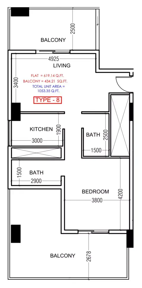 Plattegrond van 1 slaapkamer in Al Haseen Residences Phase 4 By Dugasta