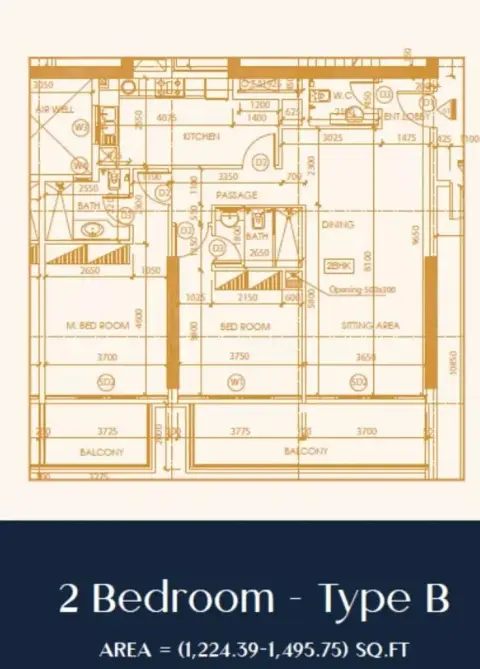 Plattegrond van 2 slaapkamers in Shakespeare Tower