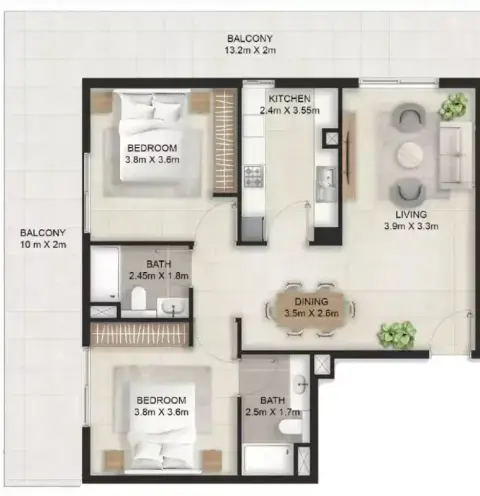Plattegrond van 2 slaapkamers in Stellar Axis