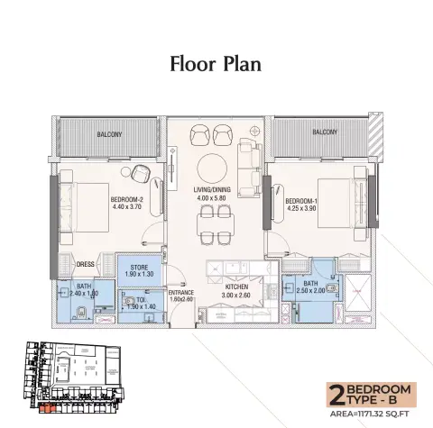 Plattegrond van 2 slaapkamers in Hills View