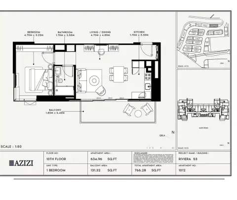 Plattegrond van 1 slaapkamer in Azizi Riviera 53