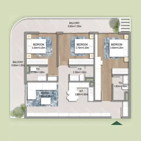 Plattegrond van 3 slaapkamers in Oasis Residences