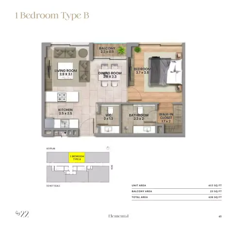 Plattegrond van 1 slaapkamer in Elemental 22