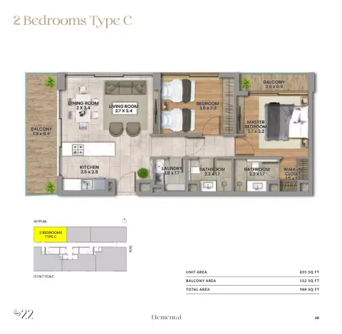 Plattegrond van 2 slaapkamers in Elemental 22