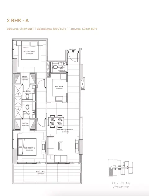Plattegrond van 2 slaapkamers in Solanki One