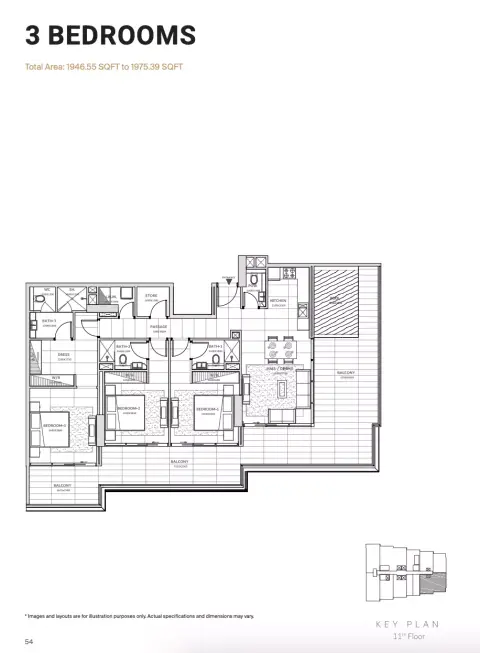 Plattegrond van 3 slaapkamers in Solanki One