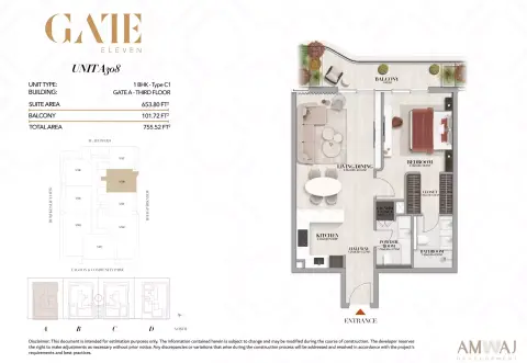 Plattegrond van 1 slaapkamer in Gate Eleven Residences