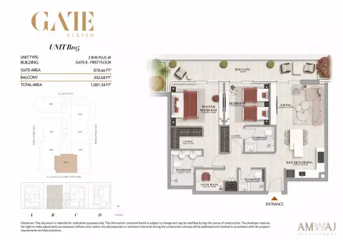 Plattegrond van 2 slaapkamers in Gate Eleven Residences