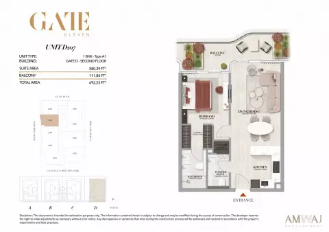 Plattegrond van 1 slaapkamer in Gate Eleven Residences