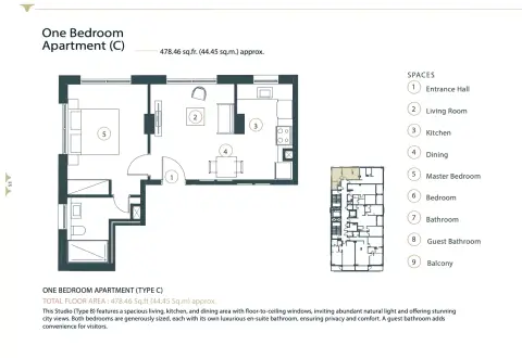 Plattegrond van 1 slaapkamer in Whitestone Residence