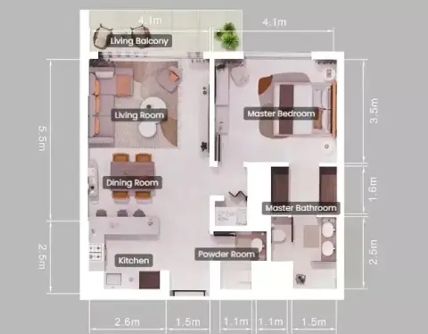 Plattegrond van 1 slaapkamer in Forest
