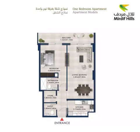 Plattegrond van 1 slaapkamer in Asayel Avenue