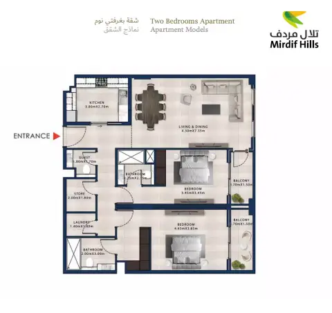 Plattegrond van 2 slaapkamers in Asayel Avenue