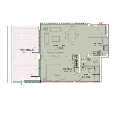 Plattegrond van 1 slaapkamer in Al Waleed WS 1