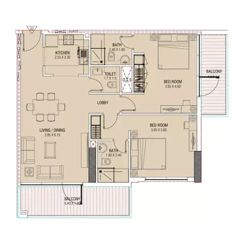 Plattegrond van 2 slaapkamers in Al Waleed WS 1