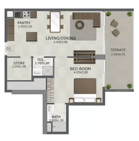 Plattegrond van 1 slaapkamer in Regal Crest