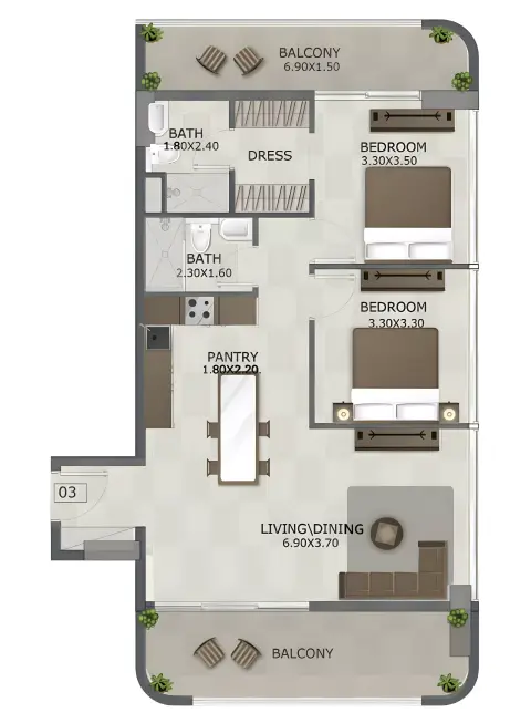 Plattegrond van 2 slaapkamers in Regal Crest