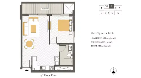 Plattegrond van 1 slaapkamer in Ashwood Residences