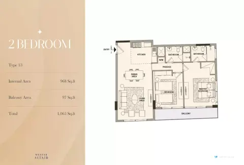 Plattegrond van 2 slaapkamers in Westar Altair